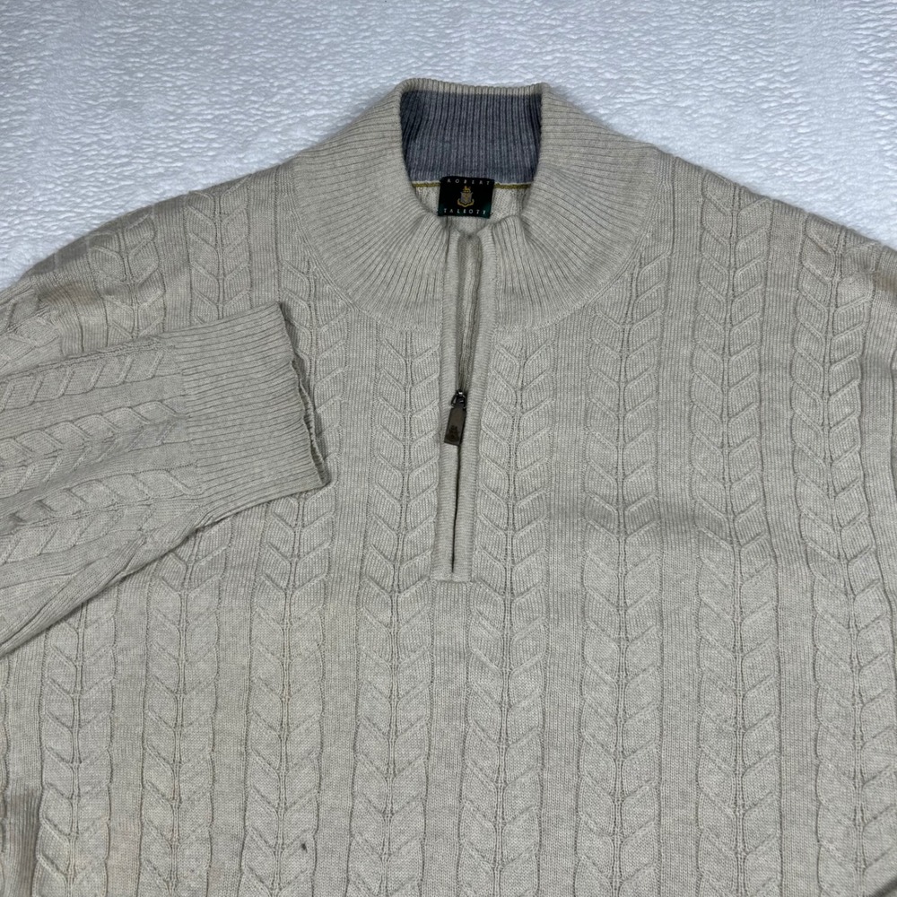Robert Talbott Quarter Zip Sweater Cable Knit Merino Wool Mens XL Beige Tan Gray